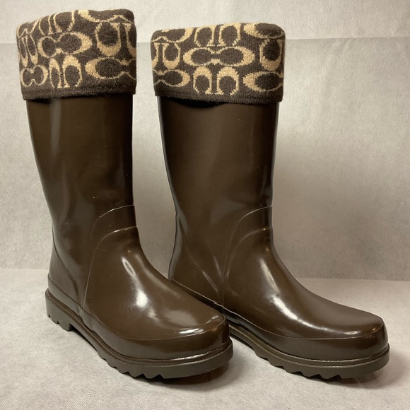 Coach Peace Brown Waterproof Rainboots With Logo & Wool Lining Boots-Size 9 - Picture 1 of 11